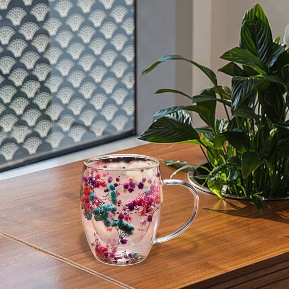Insulated Double Wall Glass Coffee Cup Aesthetic Floral Pattern With Handle For Home Office Hot Beverage 350ML