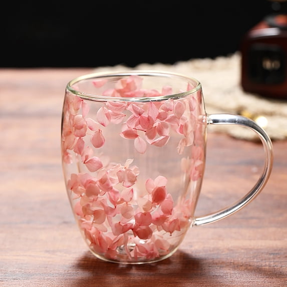 Insulated Double Wall Glass Coffee Cup Aesthetic Floral Pattern With Handle For Home Office Hot Beverage 350ML