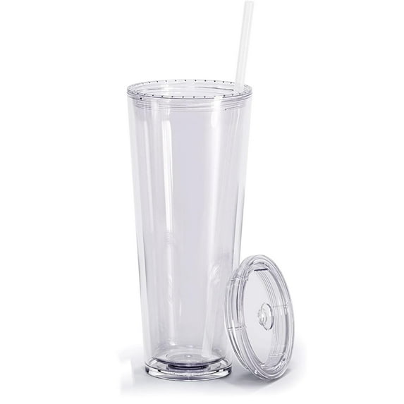 Insulated Double Wall Plastic Tumbler with Lids and Straws, Bexikou 1 Pack Reusable Transparent Plastic Cup,24 oz Clear Plastic Tumblers for Coffee Drinks Milk Tea Juice