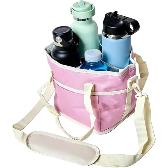 Insulated Drink Carrier Bag for 4 Cups, Family Size Tumbler Caddy with Adjustable Strap, Water Bottle Holder for Travel & Outings, 10x10x10in (1pc Pink)
