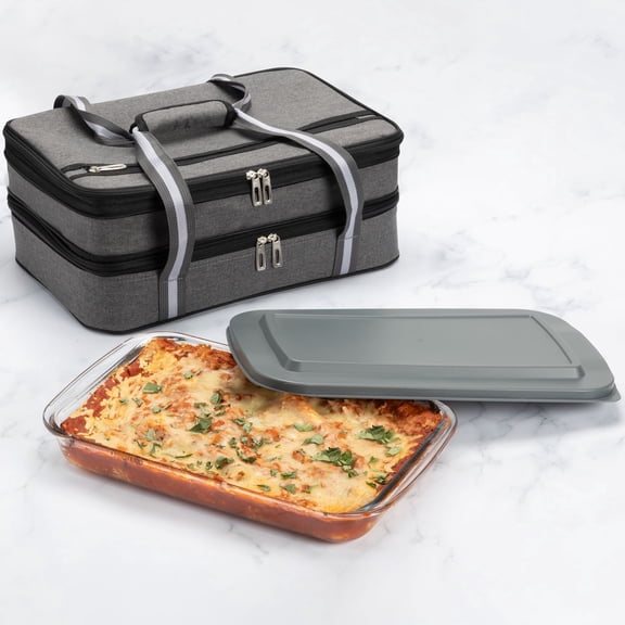 Insulated Expandable Casserole Carrier with Baking Dish and Lid - Lasagna Holder for Picnic Potluck Beach Day Trip Camping Hiking - Hot and Cold Thermal Bag in Gray