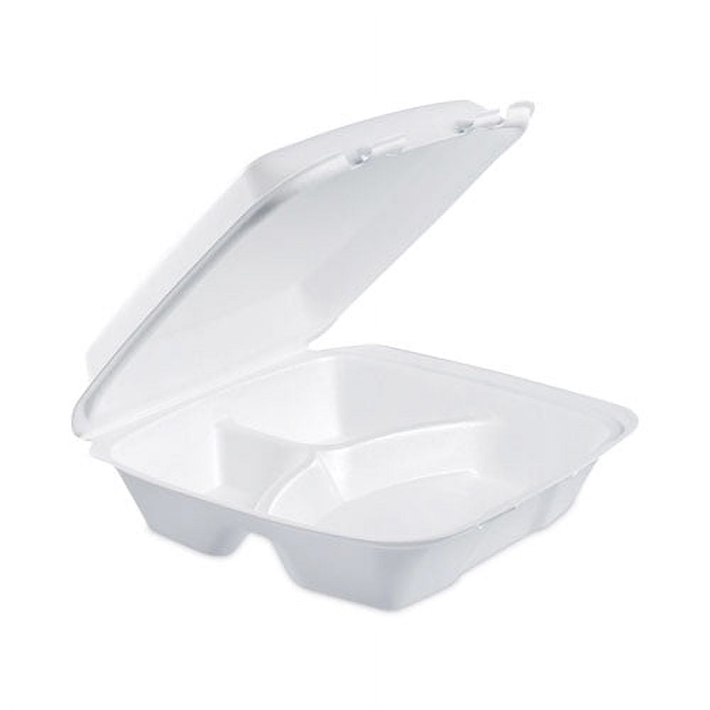 Insulated Foam Hinged Lid Containers, 3-Compartment, 9 x 9.4 x 3, White, 200/Pack, 2 Packs/Carton Insulated Foam Hinged Lid Containers, 3-Compartment, 9 x 9.4 x 3, White, 200/Pack, 2 Packs/Carton