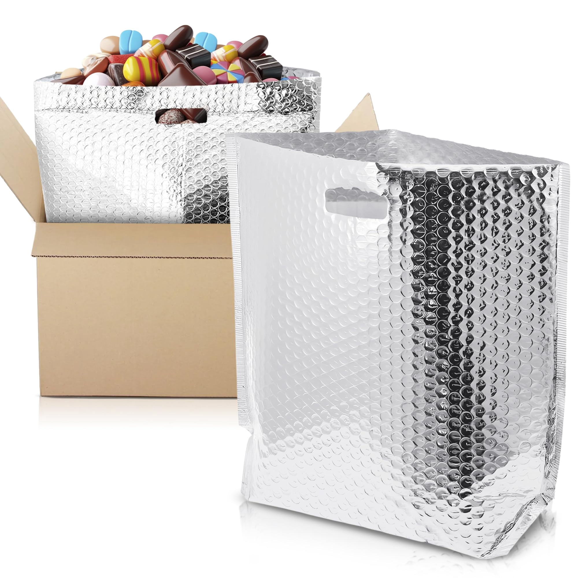 Insulated Foil Bags with Handles, Thermal Box Liners with Bubble Cushion, 50 Count, 6 x 6 x 6 in