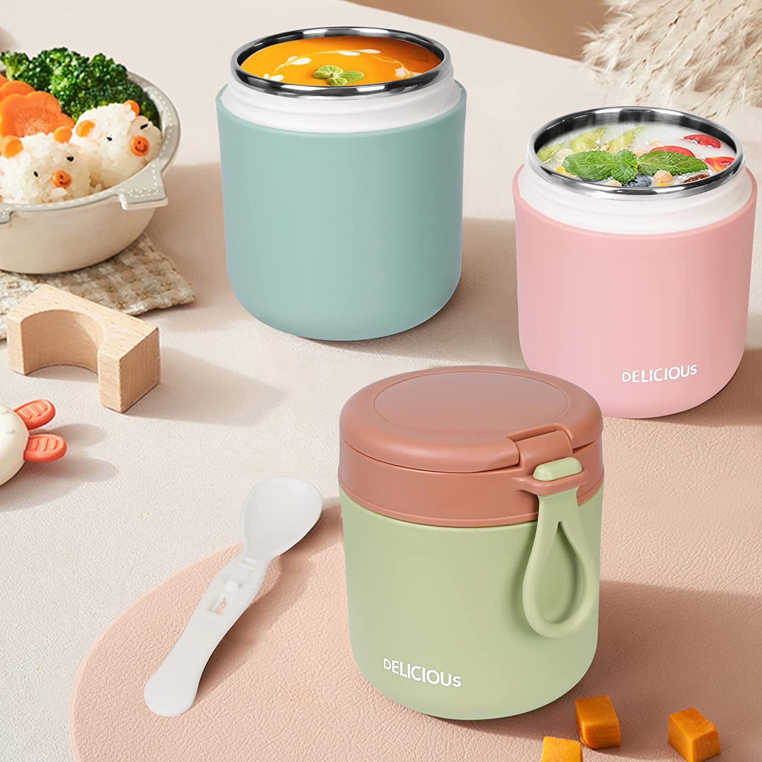 Insulated Food Container Leak Proof Food Jar with Folding Spoon