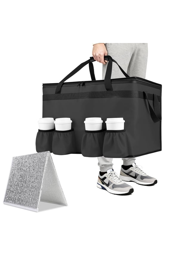 Insulated Food Delivery Bag with 4 Cup Holder and Bottom Support, XXX-Large Insulated Grocery Bags Keep Food Hot/Cold, Cooler Bags with Drink Carrier, Food Carrier Catering Bag for Events,Black