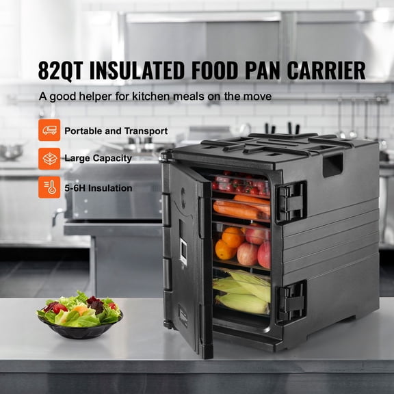 Insulated Food Pan Carrier,82 Qt Hot Box for Catering,LLDPE Food Box Carrier with Double Buckles,Front Loading Food Warmer with Handles,Stackable End Loader for Restaurant,Canteen,etc. Bla