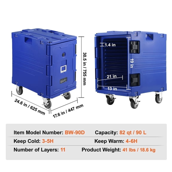 Insulated Food Pan Carrier 82 Qt 90L Hot Box for Catering Front Loading LLDPE PU Foam Food Warmer with Wheels Handles for Restaurant Delivery Use Commercial Non-Electric Blue Kit with Caster Wheels