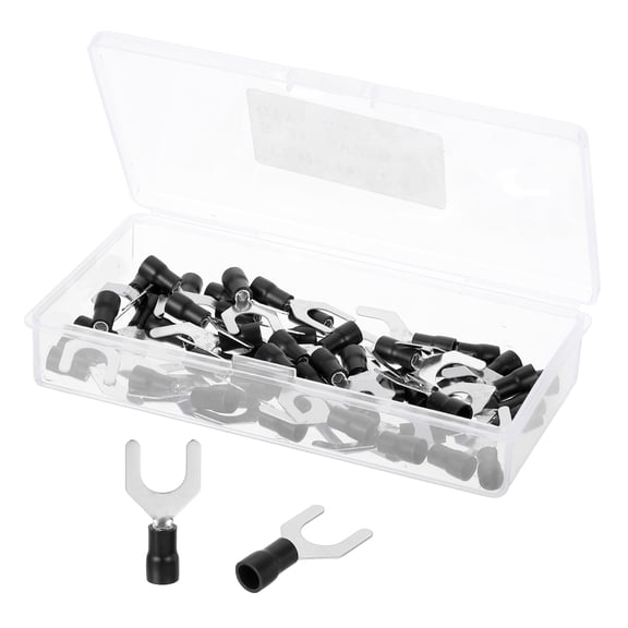 Insulated Fork Spade Connectors, 16-14AWG SV2-8 U-Type Tinned Copper Waterproof Fork Crimp terminals Connectors for Industrial Electrical Marine Wiring, Pack of 50 (Black)