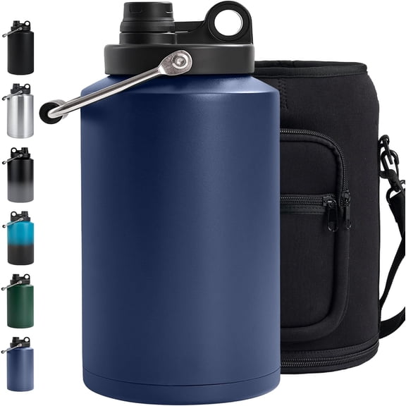 Insulated Gallon Jug with Handle, One Gallon, 128 Ounces Stainless Steel, Large Double Vacuum Water Bottle for Hot & Cold Drinks, Wide Mouth, Sweat Proof, Great for Travel, Camping