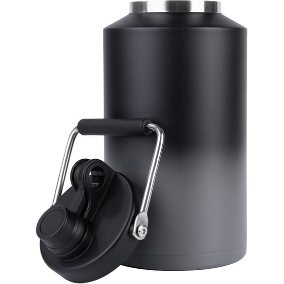Insulated Gallon Jug with Handle, One Gallon, 128oz Stainless Steel, Large Double Vacuum Water Bottle for Hot & Cold Drinks, Wide Mouth, Sweat Proof, Great for Travel, Camping, Black