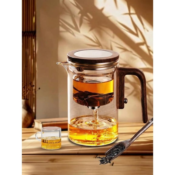 Insulated Glass Tea Pot with Wooden Handle and Infuser, Water Separation Magic Teapot for Hot Cold Beverages, 600ml Large Capacity
