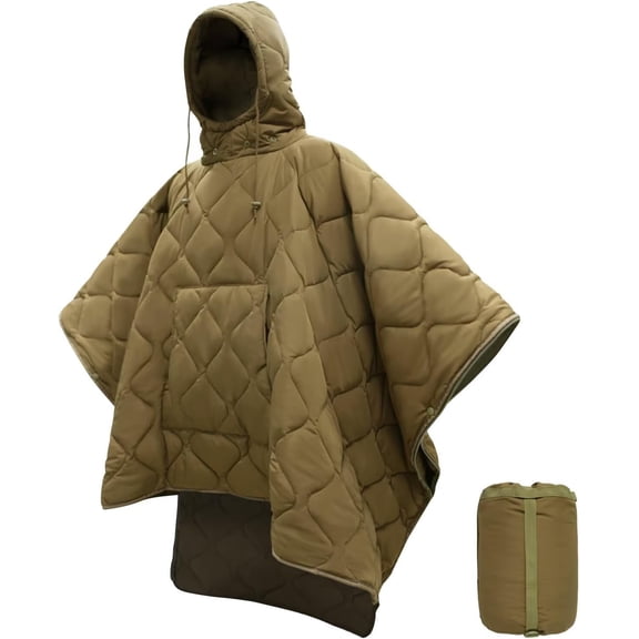 Insulated Hooded Camouflage Poncho with Pocket, 60 x 78.7 Inches, Hooded Coyote Color, Rustic Style, Heavyweight Emergency Blanket for Camping, Hiking, and Travel