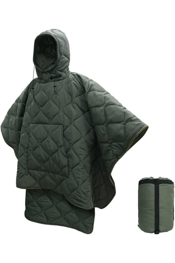 Insulated Hooded Camouflage Poncho with Pocket, 60 x 78.7 Inches, Hooded Grey Green, Polyester, Rustic Style, Bagged