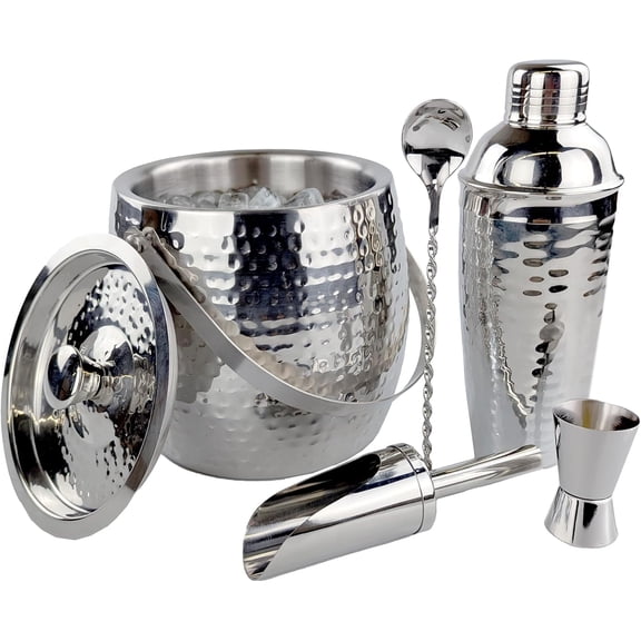 Insulated Ice Bucket for Cocktail Bar with Drink Shaker 5-Piece Cocktail Set for Parties with Lid and Scoop - Bartender Accessories, Bartending Kit for Home Bar or Gifting