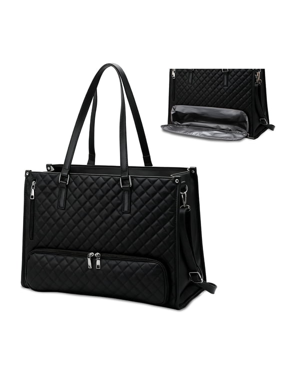 Insulated Laptop Tote Bag for Women – 15.6" PU Leather Briefcase with Leakproof Lunch Compartment, Wristlet Pouch, Lunch Box Organizer for Office or Travel – Black, 42×28×30cm