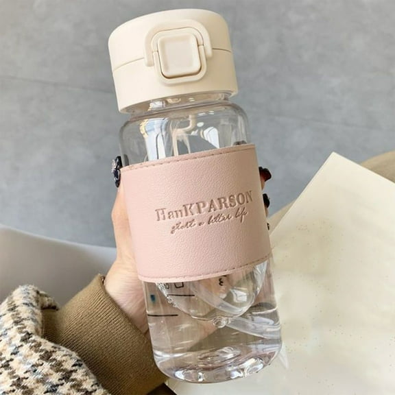 Insulated Leather Water Bottle with Straw, High Temperature Japanese Style Water Bottles, Transparent Water Bottle for Children and Adults - 500ml(Pink)
