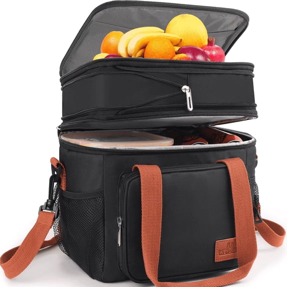 Insulated Lunch Box for Women Men, 17L Expandable Dual Compartment Lunch Bag, Leakproof Warmer/Cooler Lunch Tote Bag with Side Pocket&Shoulder Strap for Work, Picnic, Camping, Black
