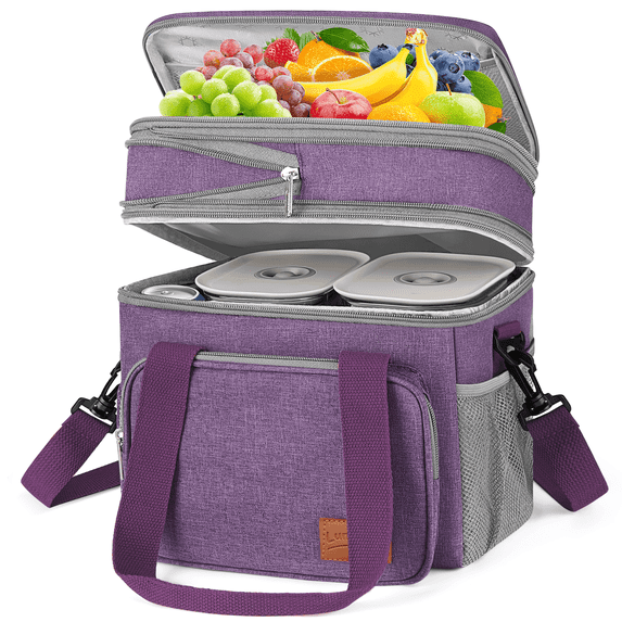 Insulated Lunch Bag, 17L Expandable Double Deck Lunch Tote Bag for Women/Men, Leakproof Freezable Cooler Box W/ Side Tissue Pocket&Adjustable Shoulder Strap,Suit for Work,Camping,Picnic,Purple