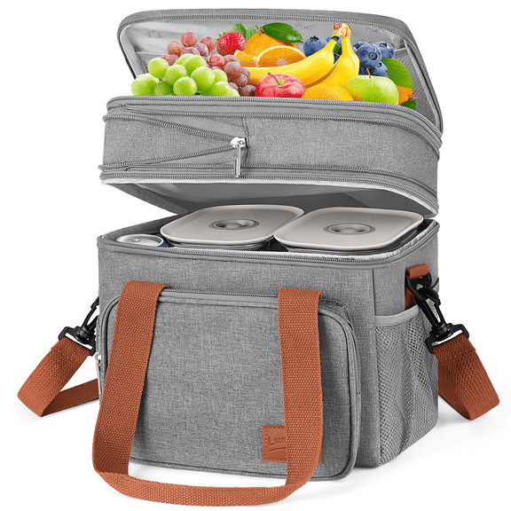 Insulated Lunch Bag, 17L Expandable Double Deck Lunch Box for Women/Men, Leakproof Freezable Cooler Box W/ Side Tissue Pocket&Adjustable Shoulder Strap, Suit for Work,Camping,Picnic(Gray)