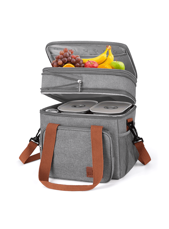 Insulated Lunch Bag, 17L Expandable Double Deck Lunch Tote Bag for Women/Men, Leakproof Freezable Cooler Box W/ Side Tissue Pocket&Adjustable Shoulder Strap, Suit for Work,School,Camping,Picnic(Gray)