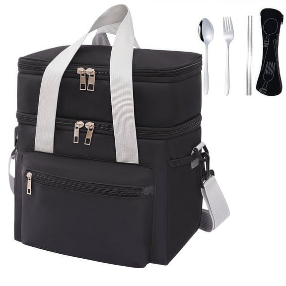 Insulated Lunch Bag with 4pcs Stainless Steel Cutlery Set, Double Deck Leakproof Reusable Lunch Box Bag for Work Picnic Travel, with Adjustable Strap