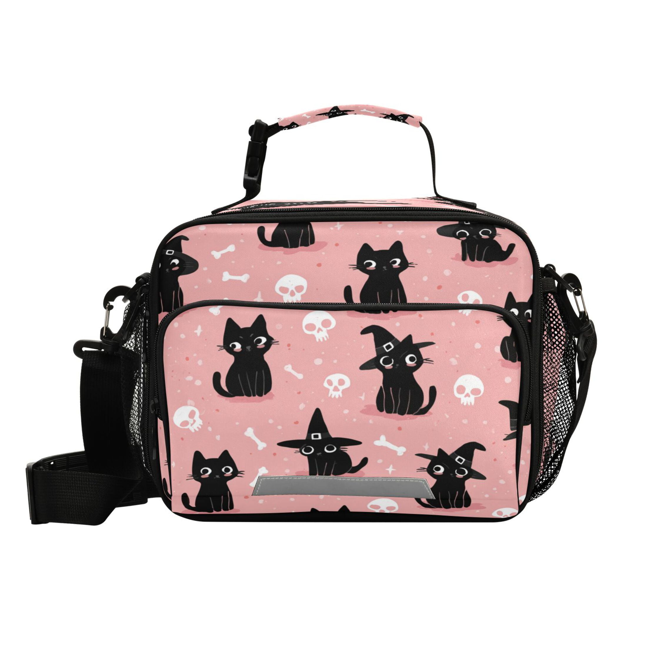 Insulated Lunch Bag 6L Leak-Proof Lunch Box with Shoulder Strap Multiple Pockets Lunch Tote Black Cat Wearing A Witch Hat