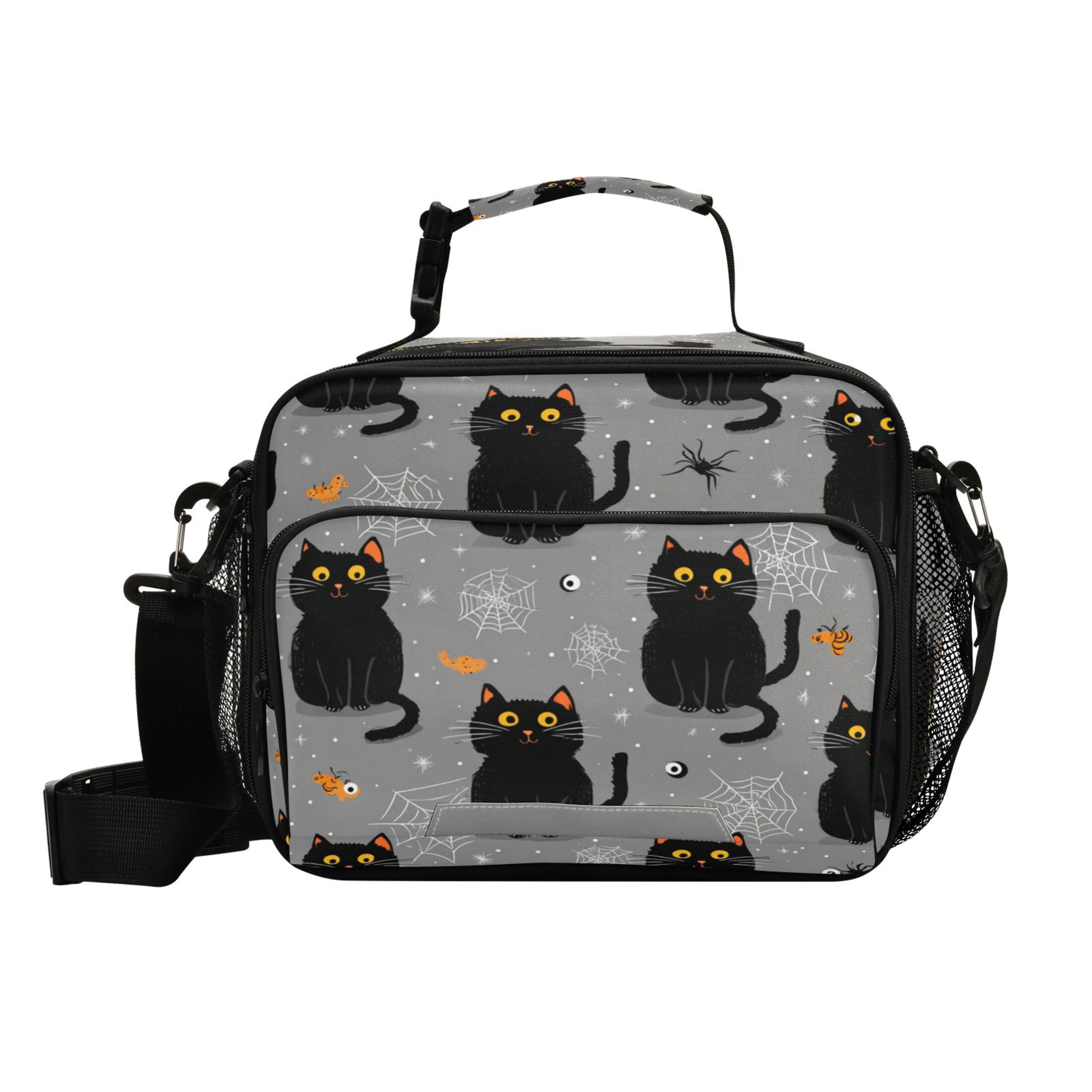 Insulated Lunch Bag 6L Leak-Proof Lunch Box with Shoulder Strap Multiple Pockets Lunch Tote Black Cat and Spider Web