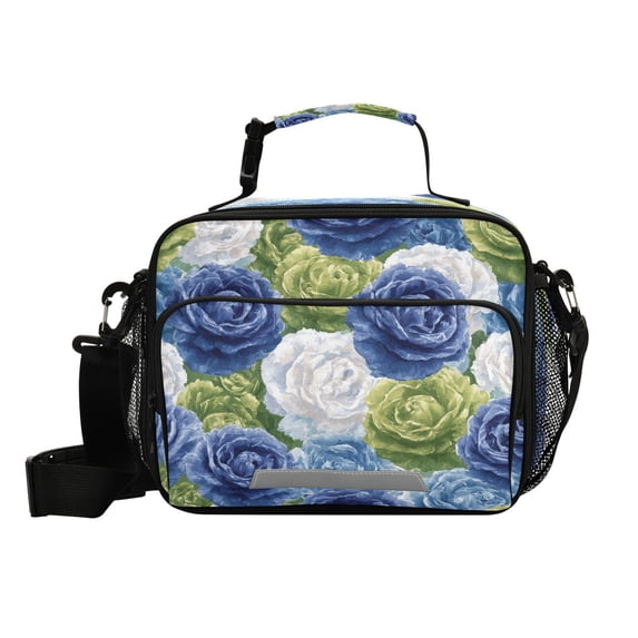 Insulated Lunch Bag 6L Leak-Proof Lunch Box with Shoulder Strap Multiple Pockets Lunch Tote Blue and Green Roses Pattern