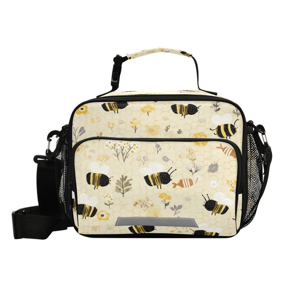 Insulated Lunch Bag 6L Leak-Proof Lunch Box with Shoulder Strap Multiple Pockets Lunch Tote Cute Bees and Honeycomb Pattern