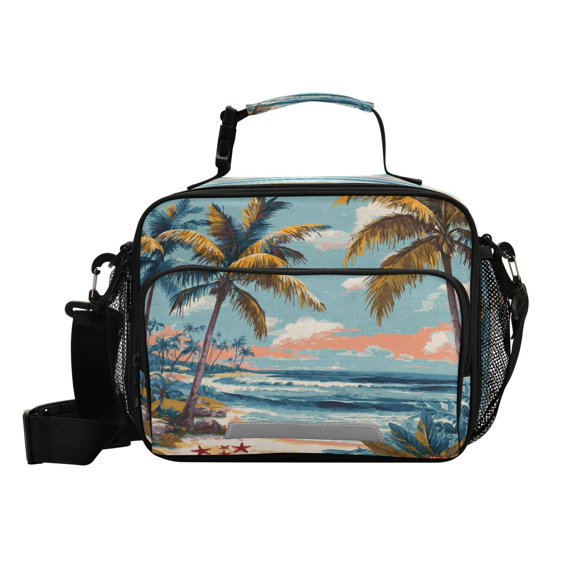 Insulated Lunch Bag 6L Leak-Proof Lunch Box with Shoulder Strap Multiple Pockets Lunch Tote Palm Trees and Beaches