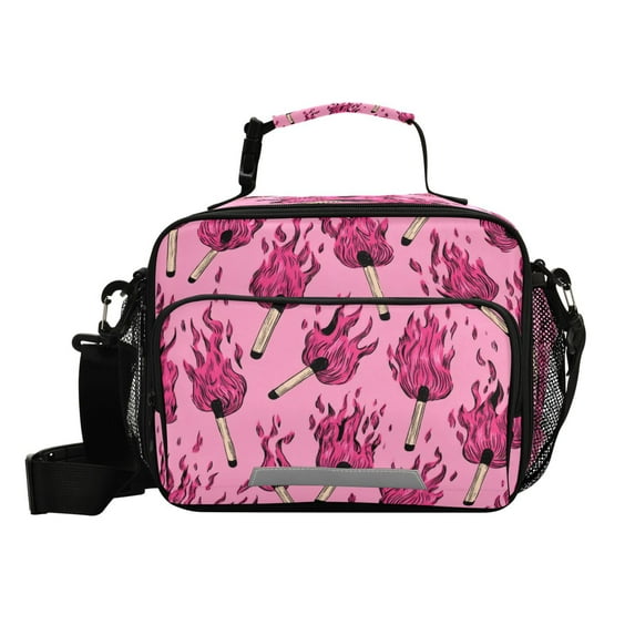 Insulated Lunch Bag 6L Leak-Proof Lunch Box with Shoulder Strap Multiple Pockets Lunch Tote Pink Flames Pattern