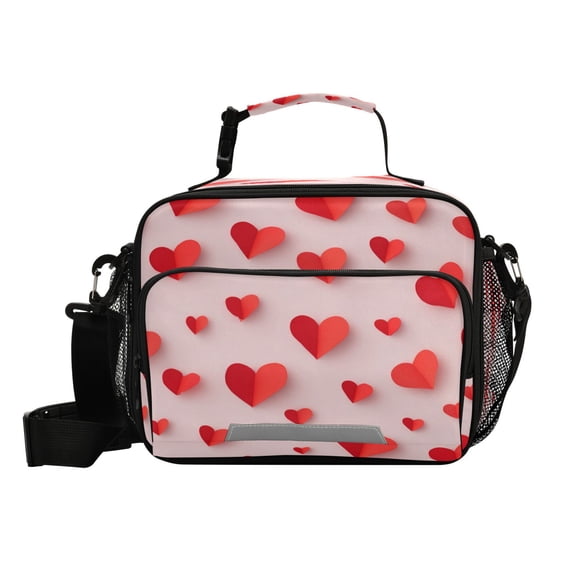 Insulated Lunch Bag 6L Leak-Proof Lunch Box with Shoulder Strap Multiple Pockets Lunch Tote Red Paper Hearts