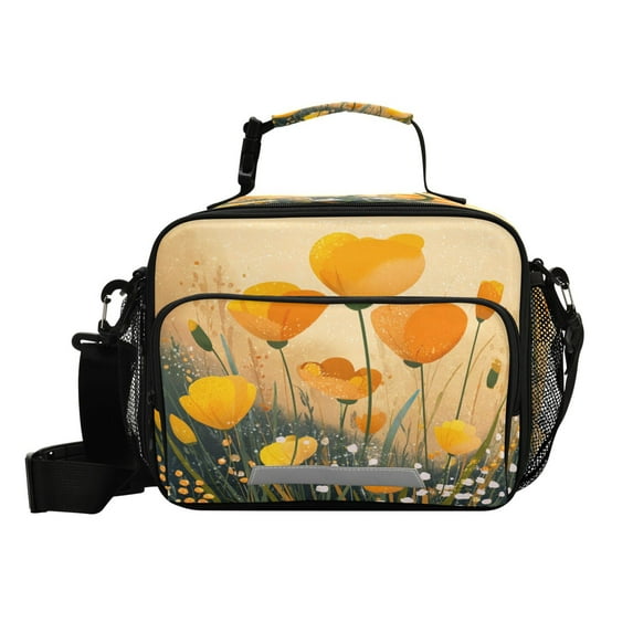 Insulated Lunch Bag 6L Leak-Proof Lunch Box with Shoulder Strap Multiple Pockets Lunch Tote Yellow Flowers on The Grass