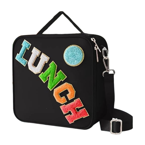 Insulated Lunch Bag With Adjustable Shoulder Strap, Nylon Preppy Lunch Box Large Insulated Lunch Bag Reusable Lunch Tote Bag with Smiley Preppy LunchBag,Black,9x9"