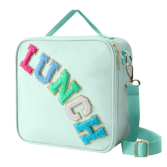 Insulated Lunch Bag With Adjustable Shoulder Strap, Nylon Preppy Lunch Box Large Insulated Lunch Bag Reusable Lunch Tote Bag with Smiley Preppy LunchBag for School Travel Picnic(Green,9x4.3x9")