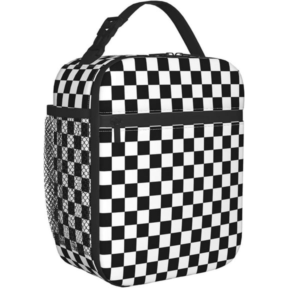 Insulated Lunch Bag Black White Racing and Checkered Pattern Reusable Cooler Tote Lunch Bags for Office Travel