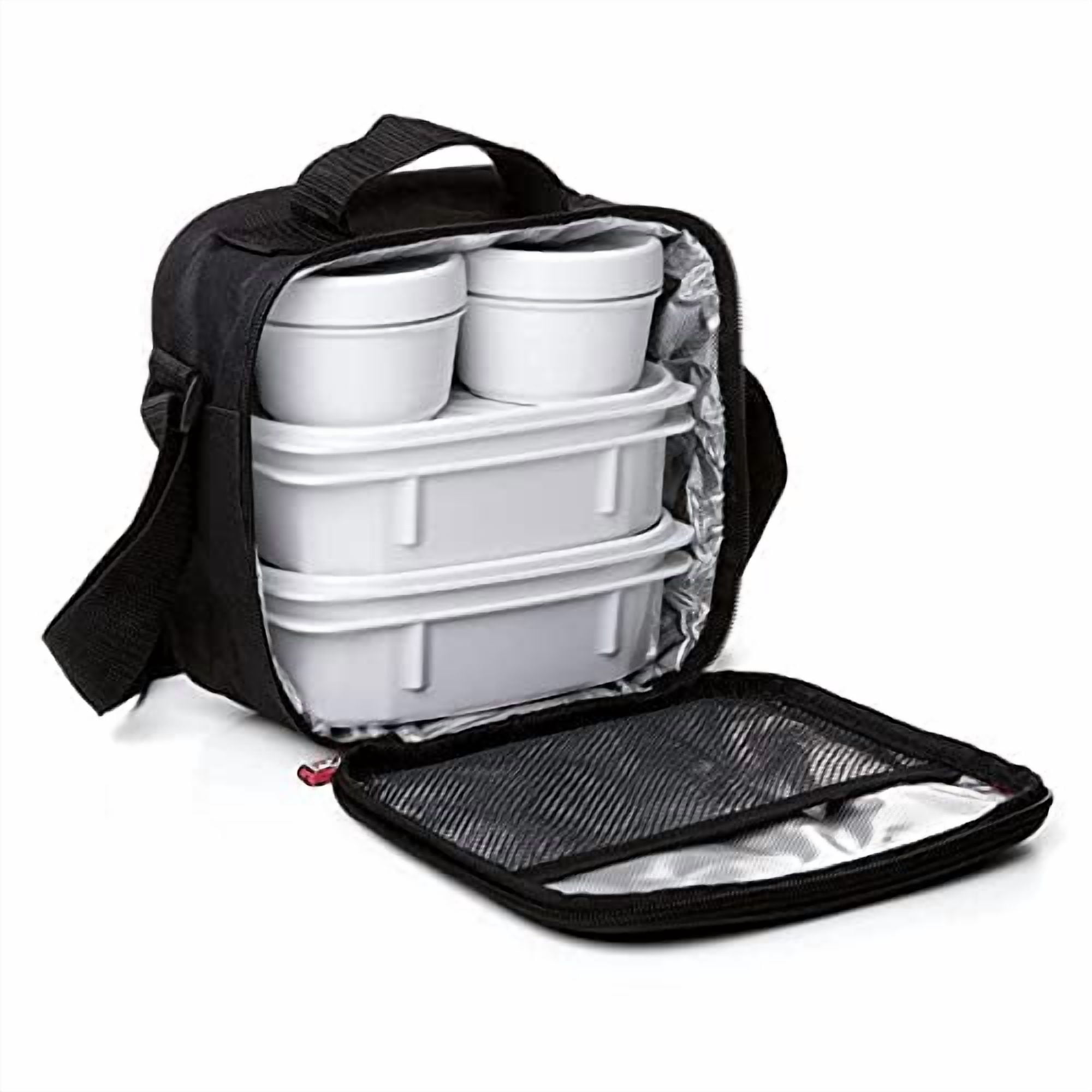Insulated Lunch Bag with Containers, Thermal Lined Lunch Box, Reusable Leak Proof Containers for Work, Travel, and Beach, Black Small Lunch Bag with Adjustable Strap, Easy to Clean