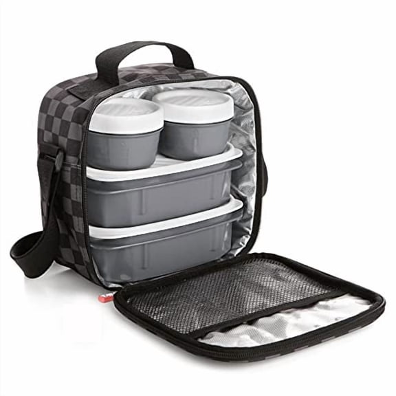 Insulated Lunch Bag with Containers, Thermal Lined Lunch Box, Reusable Leak Proof Containers for Work, Travel, and Beach, Grey Checked Small Lunch Bag with Adjustable Strap, Easy to Clean