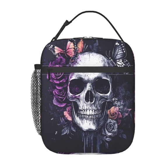 Insulated Lunch Bag For Women Men, Portable Thermal Lunch Box With Strap, Leakproof Cooler Tote For Work School Picnic Gothic Skull Butterfly Roses