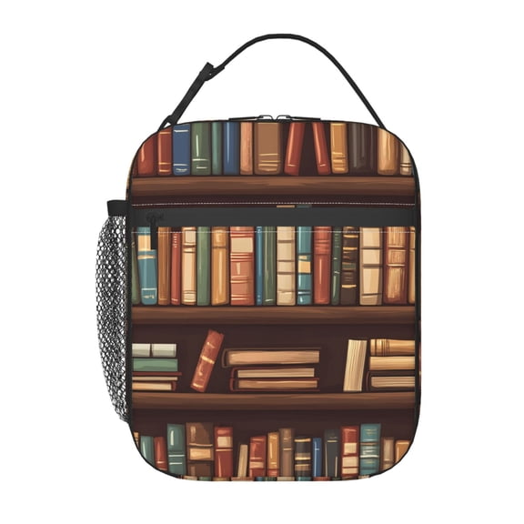 Insulated Lunch Bag For Women Men, Portable Thermal Lunch Box With Strap, Leakproof Cooler Tote For Work School Picnic Old Bookshelf Library Books