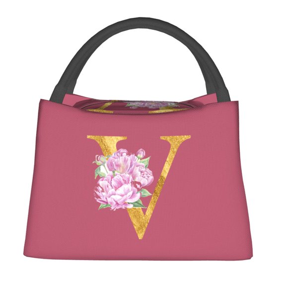Insulated Lunch Bag Gold Initials Letter Print Casual Lunch Bento Box For Women Travel Portable Cooler Bag Thermal Lunch Bags
