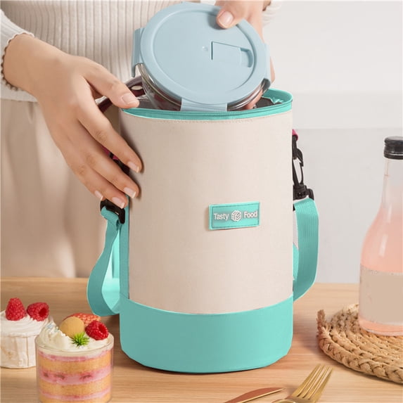 Insulated Lunch Bag, Large Capacity Thermal Cylinder Lunch Box, Multi-Layer Leakproof Bento Bag with Shoulder Strap for Work Picnic, Green