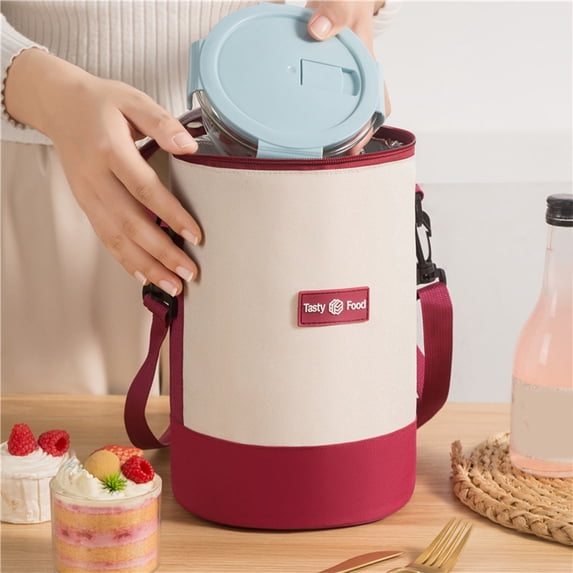 Insulated Lunch Bag, Large Capacity Thermal Cylinder Lunch Box, Multi-Layer Leakproof Bento Bag with Shoulder Strap for Work Picnic, Red