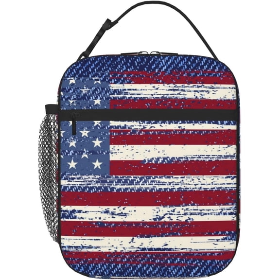 Insulated Lunch Bag Large Reusable Lunch Tote With Adjustable Shoulder Vintage Retro American Flag Blue Denim Pattern Portable Lunch Box Cooler Bag For Travel Picnic,Office,Working