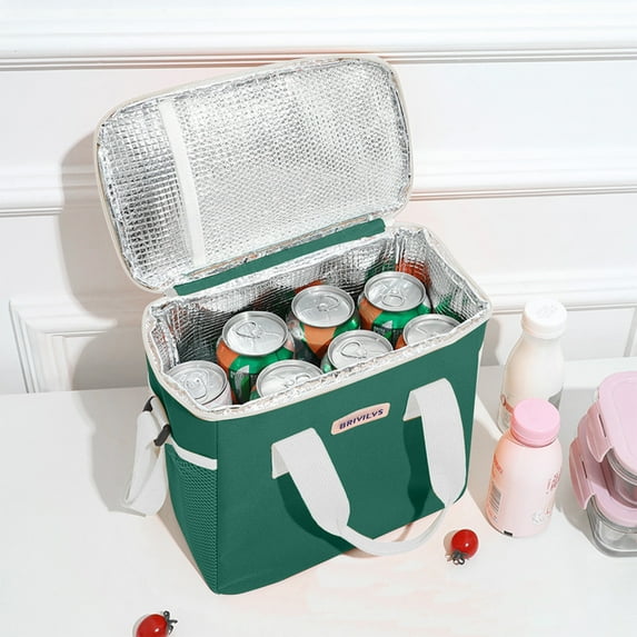 Insulated Lunch Bag for Picnic & Car | Thick Cloth Cooler Tote with Detachable Strap, Double Zipper | Green/Navy/Yellow | 9x9x6in | Waterproof, Large Capacity, Keeps Food Hot or Cold