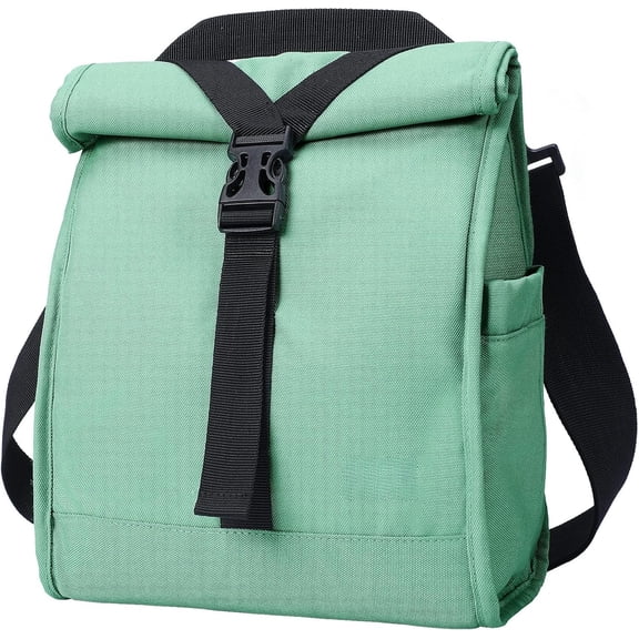Insulated Lunch Bag Roll Top Lunchbox for Women Men Adults Foldable Rolltop Lunch Tote with Strap for Work Office Picnic, Water Bottle Holder, Green