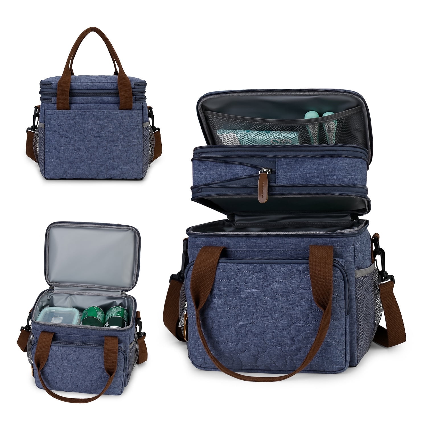 Insulated Lunch Bag Lunch Box Expandable Double Deck Cooler Bag Leakproof Side Tissue Pocket, Adjustable Shoulder Strap for Picnic Camping Hiking School Work, Blue