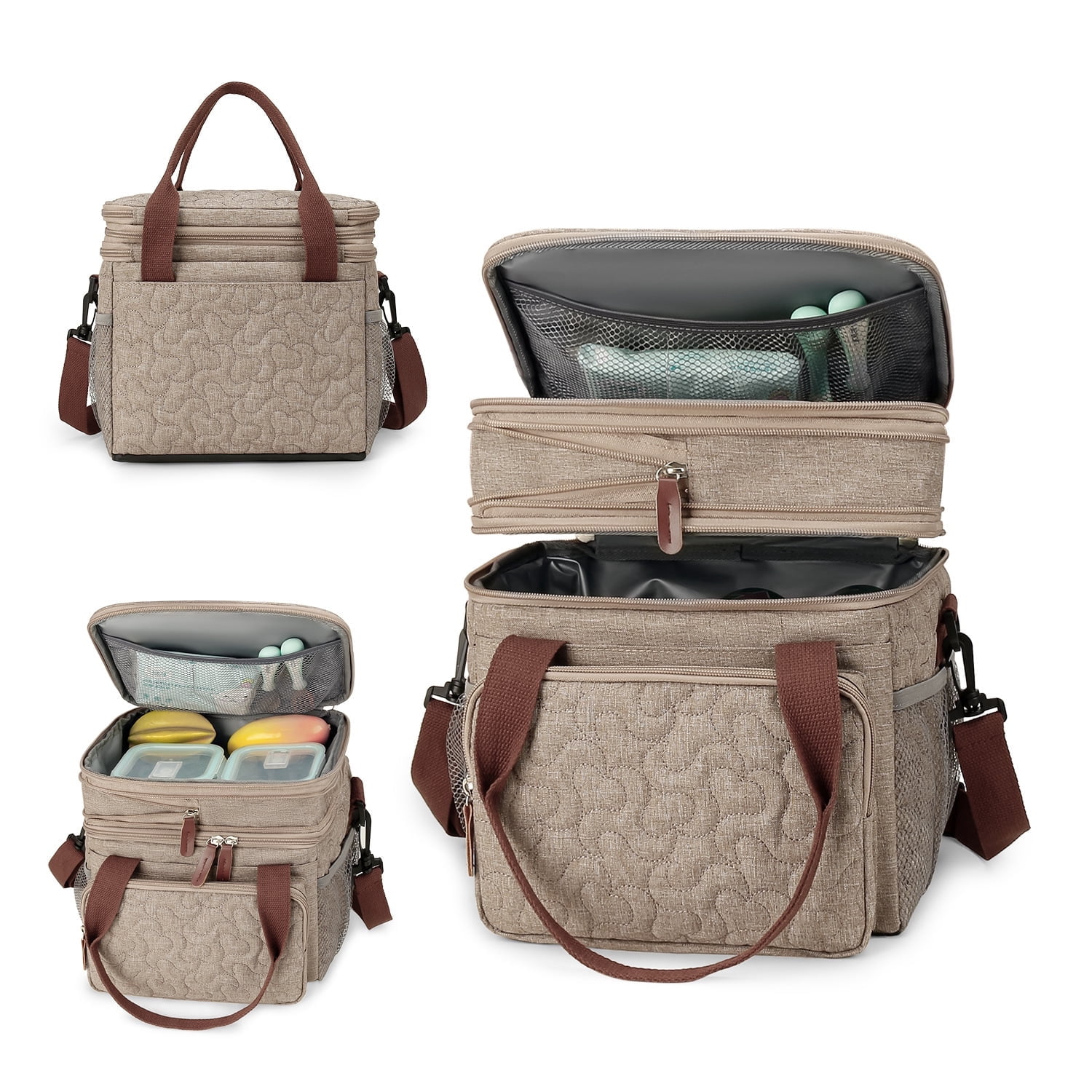 Insulated Lunch Bag Lunch Box Expandable Double Deck Cooler Bag Leakproof Side Tissue Pocket, Adjustable Shoulder Strap for Picnic Camping Hiking School Work, Khaki