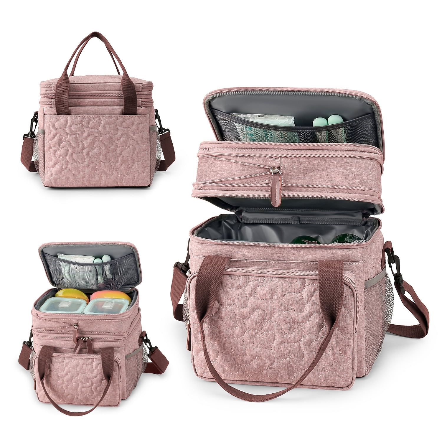 Insulated Lunch Bag Lunch Box Expandable Double Deck Cooler Bag Leakproof Side Tissue Pocket, Adjustable Shoulder Strap for Picnic Camping Hiking School Work, Pink