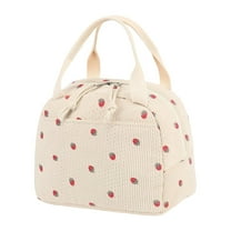 Insulated Lunch Bag for Women, Cute Pink Corduroy Tote with Strawberry Print, Reusable Thermal Lunch Box with Zipper, Portable Cooler Bag for Work, School, Picnic, Travel, and Daily Use